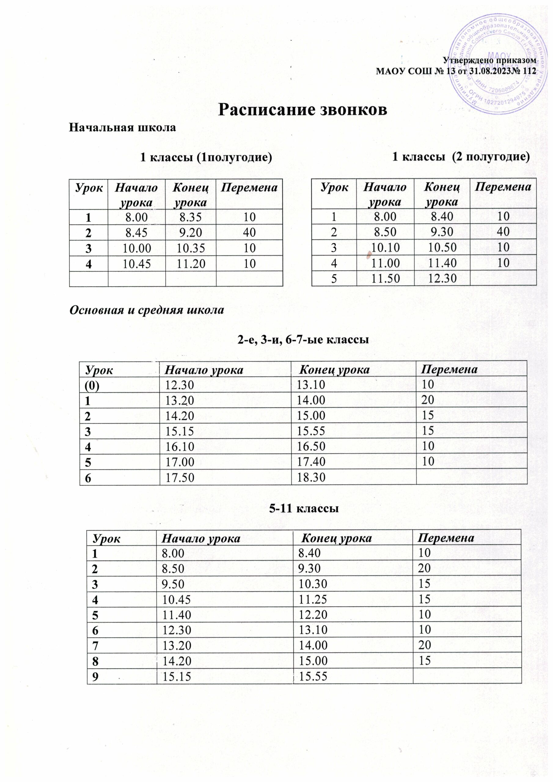 Расписание звонков — Школа №13